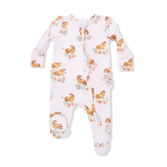 Pink Ponies 2 Way Ruffle Back Zipper Footie