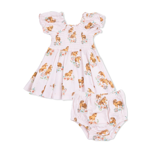 Pink Ponies Smocked Twirly Dress And Bloomer