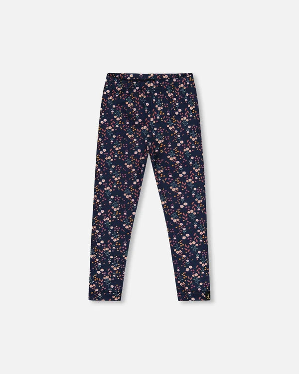 Organic Cotton T-Shirt Sage With Cat & Jersey Leggings Navy Floral