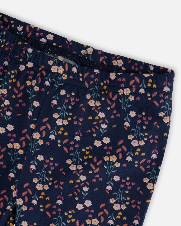 Organic Cotton T-Shirt Sage With Cat & Jersey Leggings Navy Floral