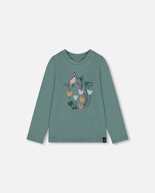 Organic Cotton T-Shirt Sage With Cat & Jersey Leggings Navy Floral