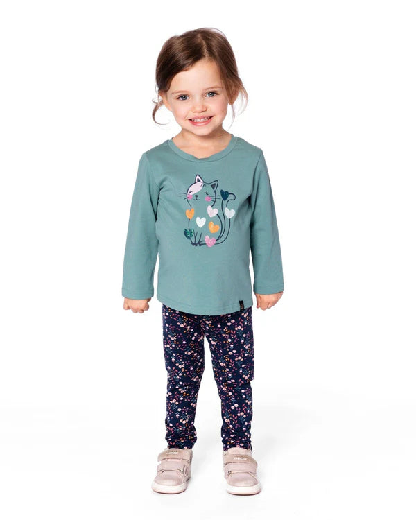 Organic Cotton T-Shirt Sage With Cat & Jersey Leggings Navy Floral