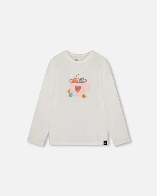 Organic Cotton Long Sleeve T-Shirt Off-White With Hot Chocolate & Ribbed Leggings Pink Set