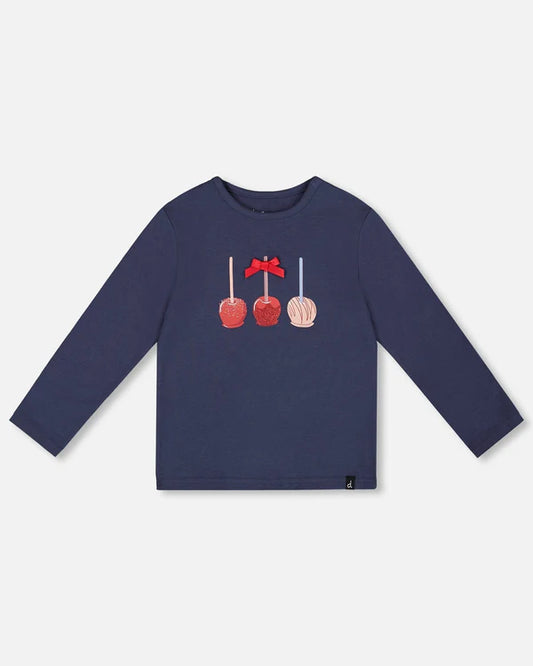 Organic Cotton T-Shirt Navy Blue With Apple Treats & Organic Cotton Leggings Blue Apple Print Set