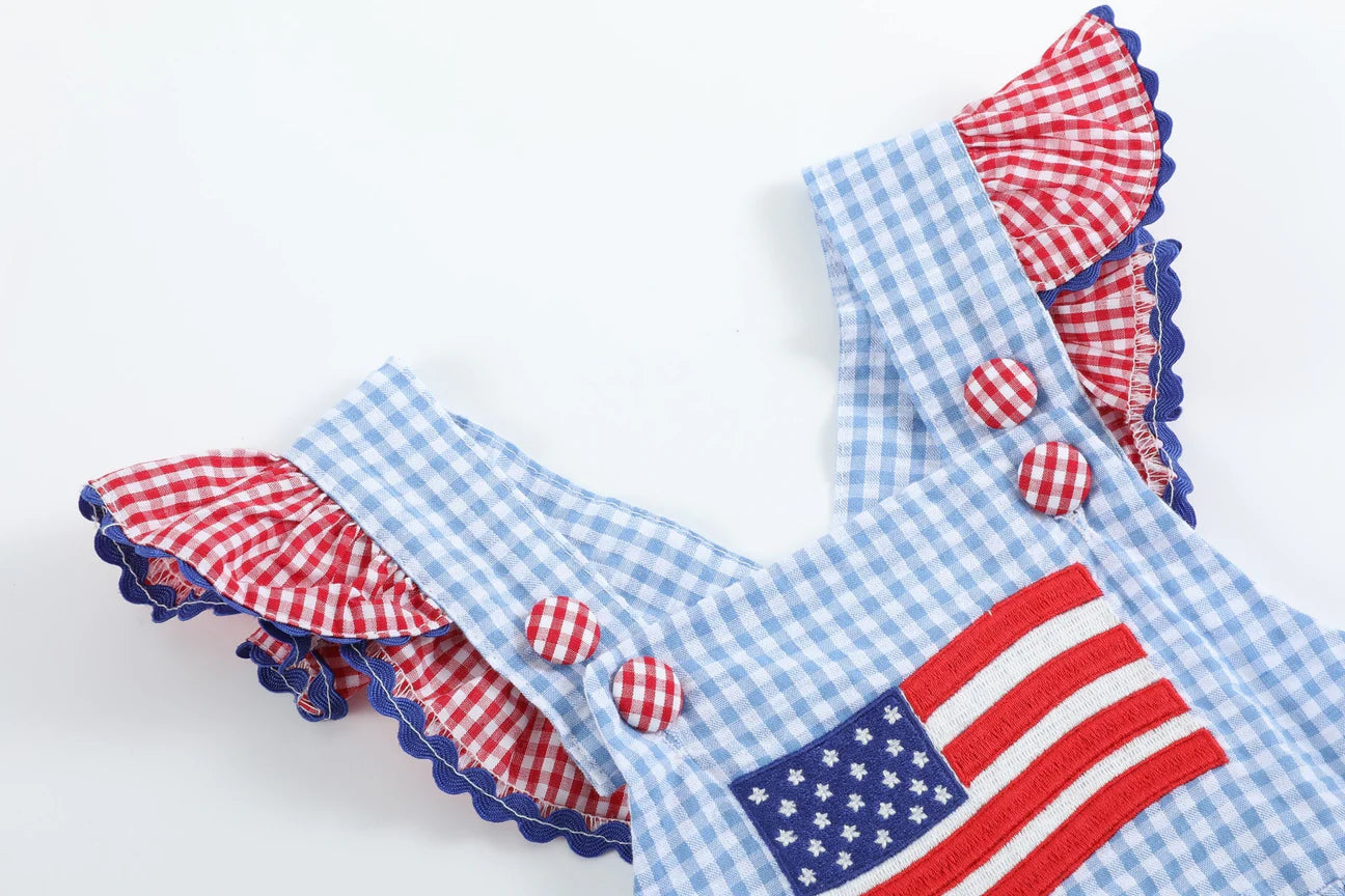 Light Blue and Red Gingham USA Flag Ruffle Romper