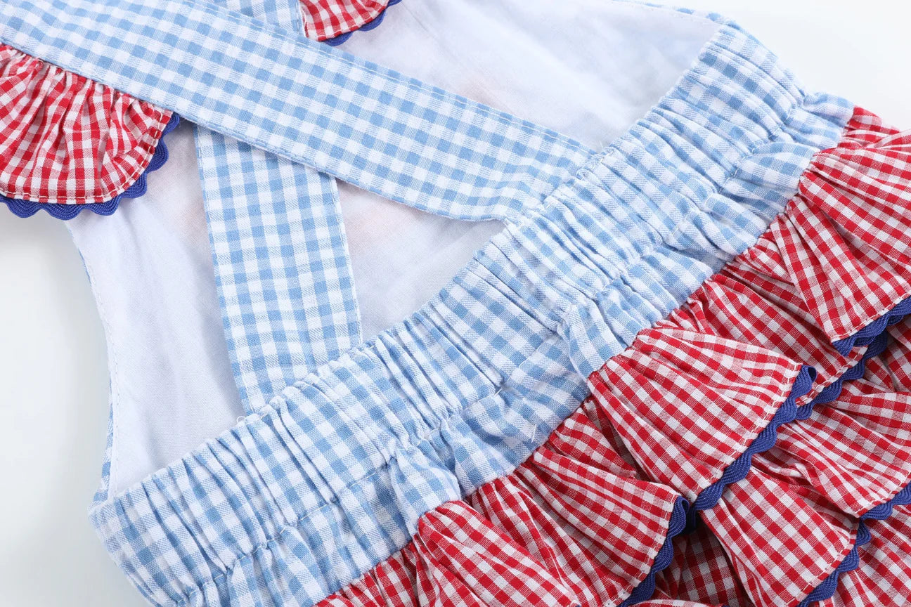 Light Blue and Red Gingham USA Flag Ruffle Romper