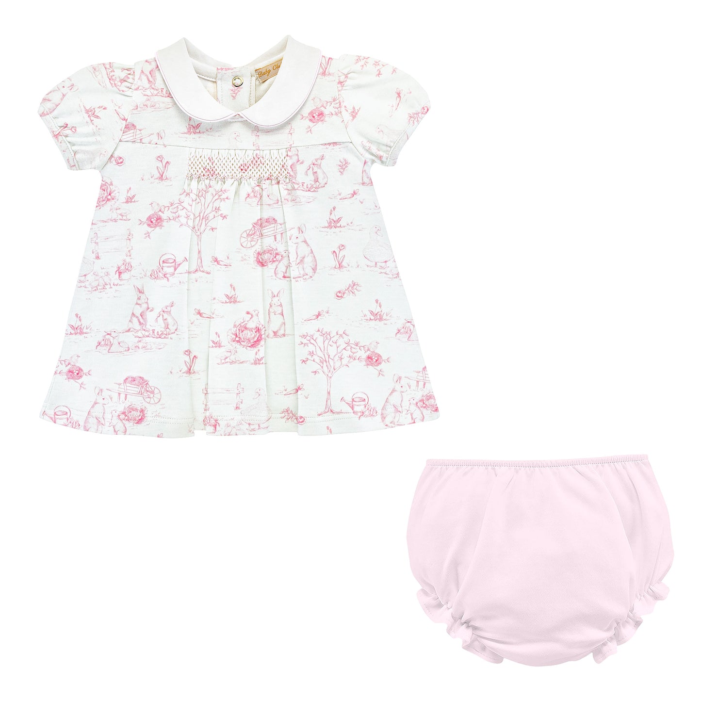 Pink Toile Bunnies Hand Smocked Printed Dress With Collar