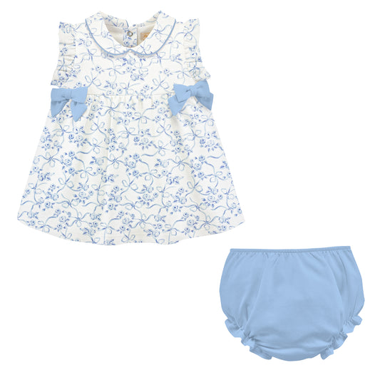 Blue Romantic Toile Dress With Bows