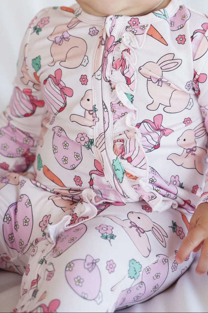 Hoppy Spring Ruffle Zipper Footie | Pink