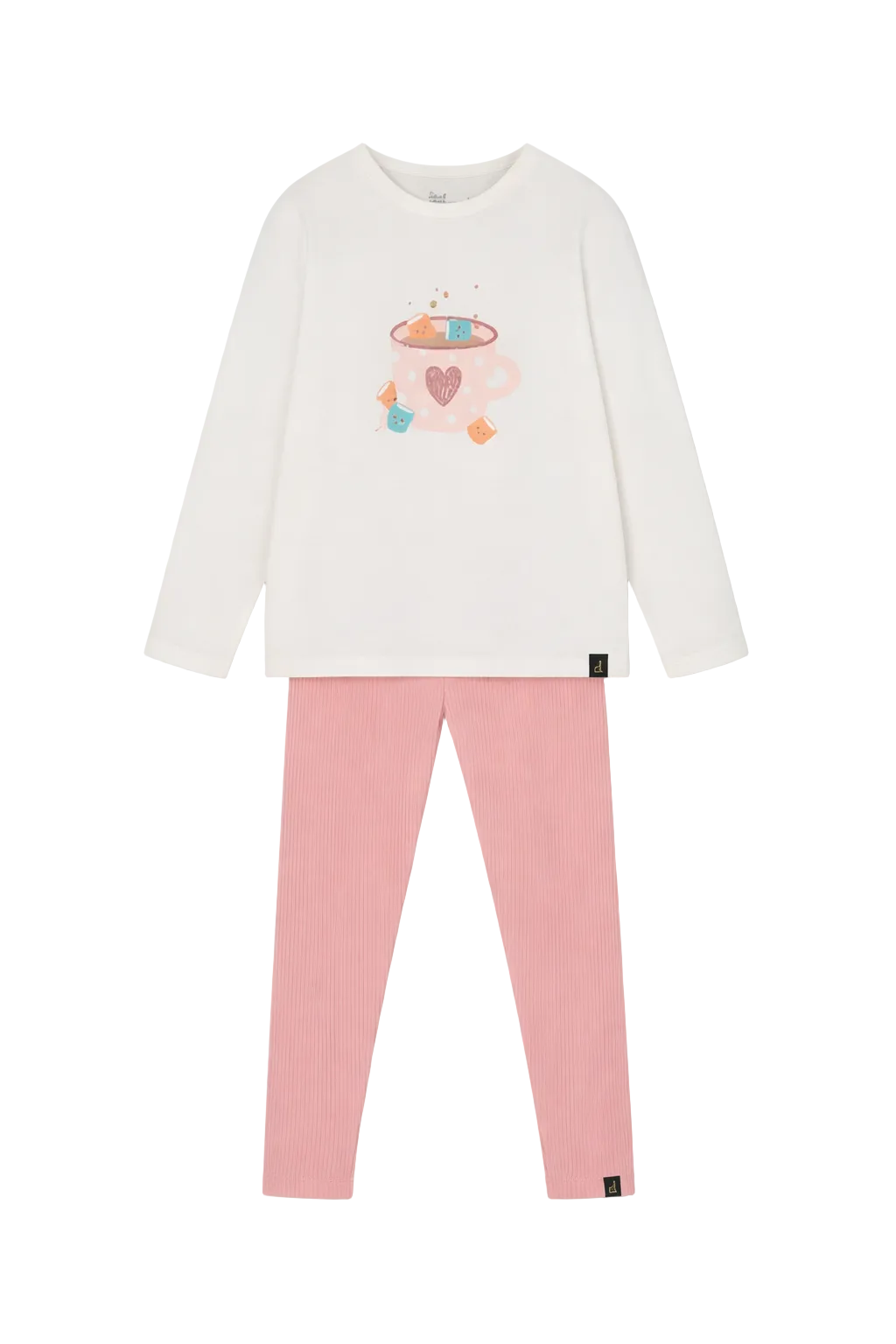 Organic Cotton Long Sleeve T-Shirt Off-White With Hot Chocolate & Ribbed Leggings Pink Set