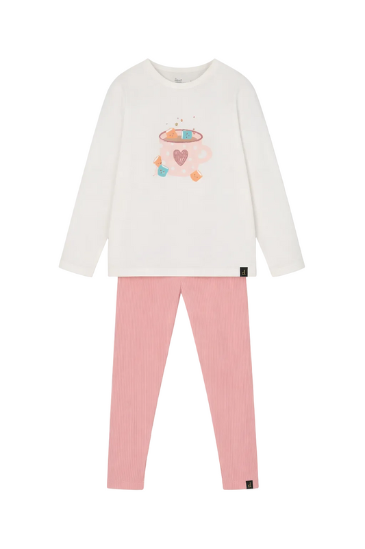 Organic Cotton Long Sleeve T-Shirt Off-White With Hot Chocolate & Ribbed Leggings Pink Set
