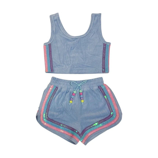 Rainbow Velour Sequin Tank Set - Blue