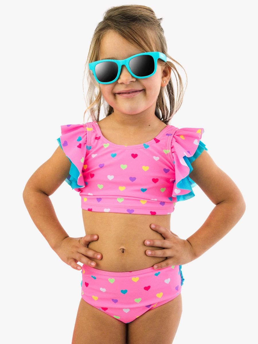 Neon Pink Colorful Hearts Butterfly Tankini 2-Piece Swimsuit