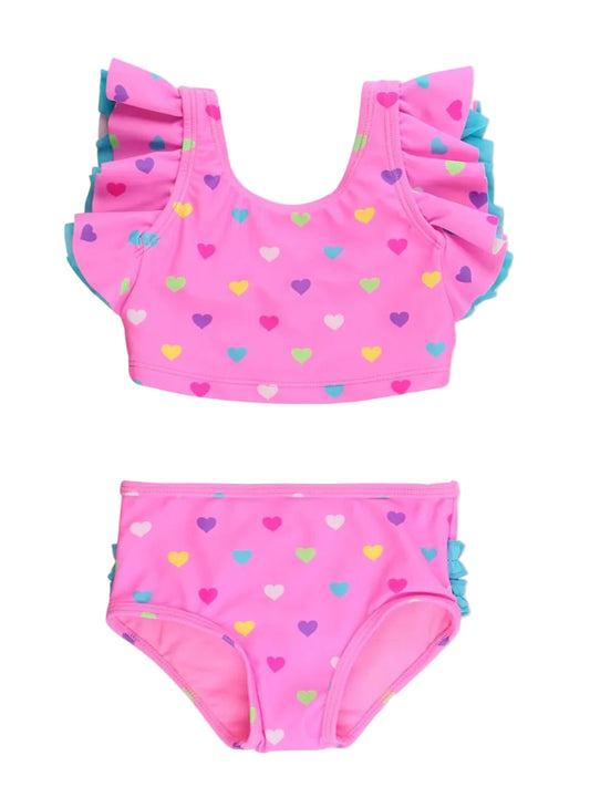 Neon Pink Colorful Hearts Butterfly Tankini 2-Piece Swimsuit