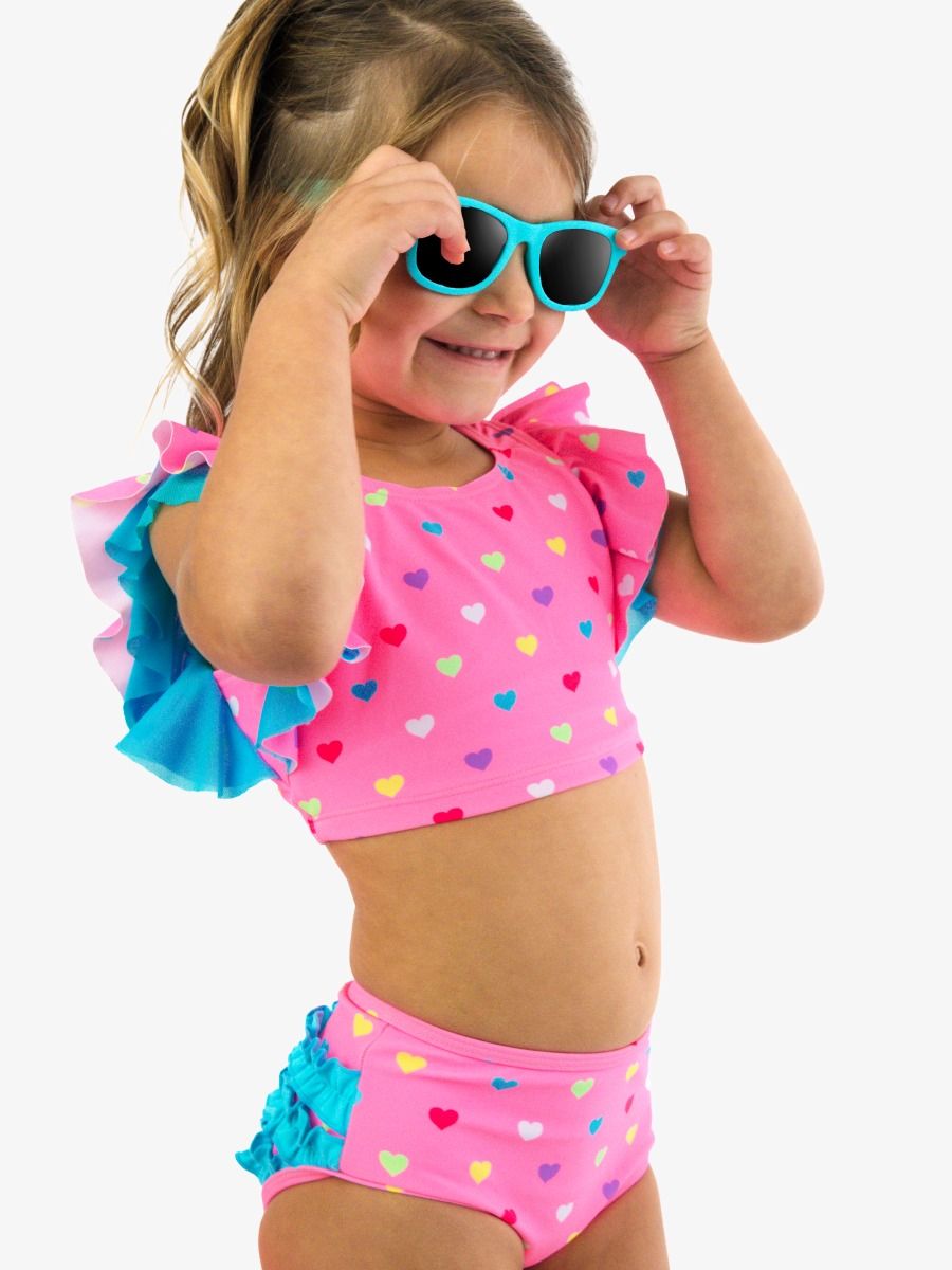 Neon Pink Colorful Hearts Butterfly Tankini 2-Piece Swimsuit