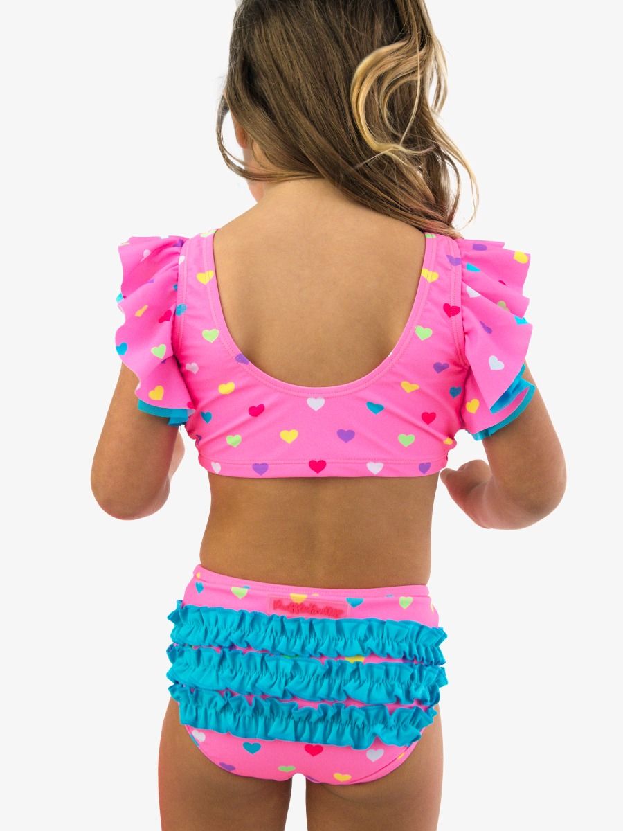 Neon Pink Colorful Hearts Butterfly Tankini 2-Piece Swimsuit