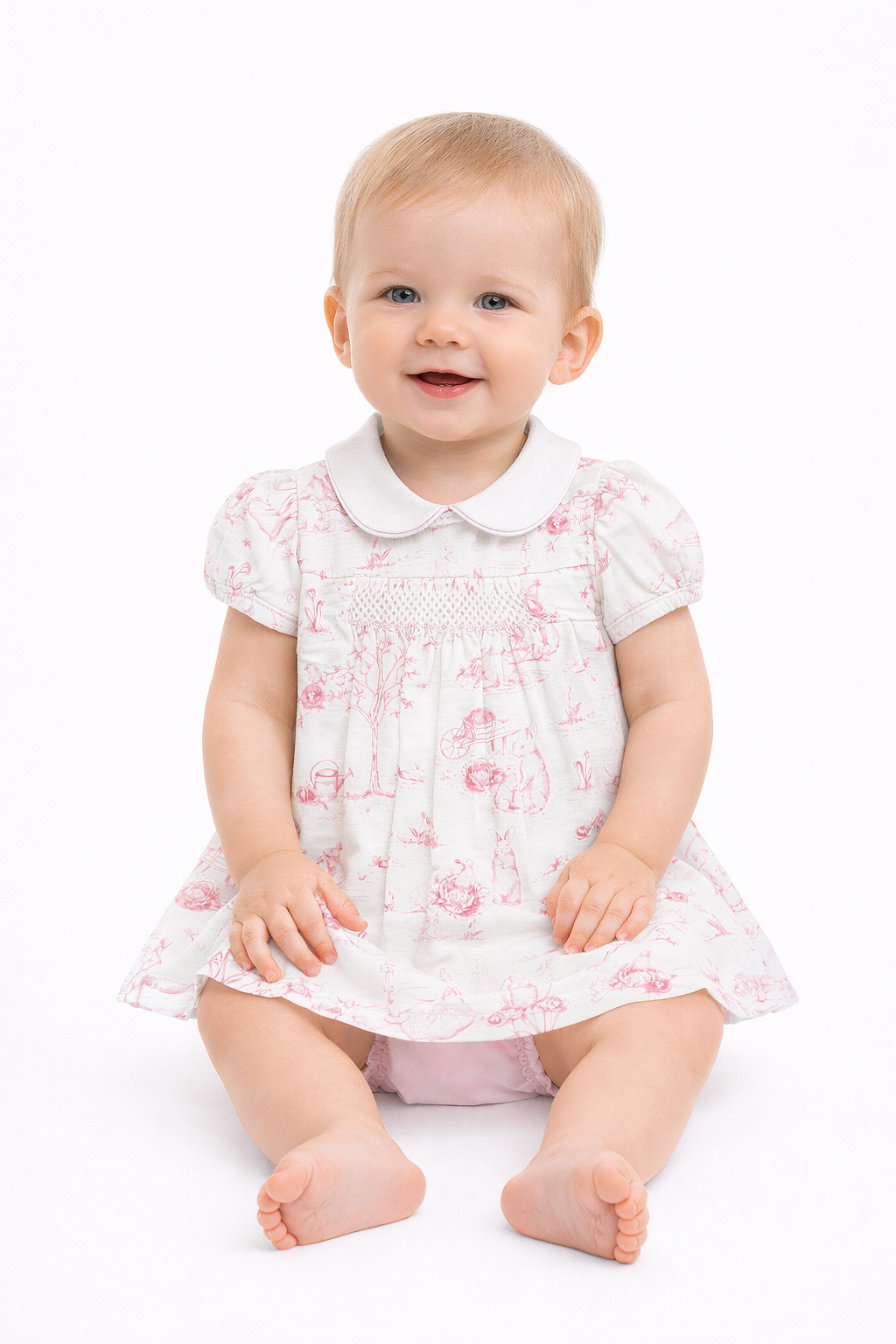 Pink Toile Bunnies Hand Smocked Printed Dress With Collar