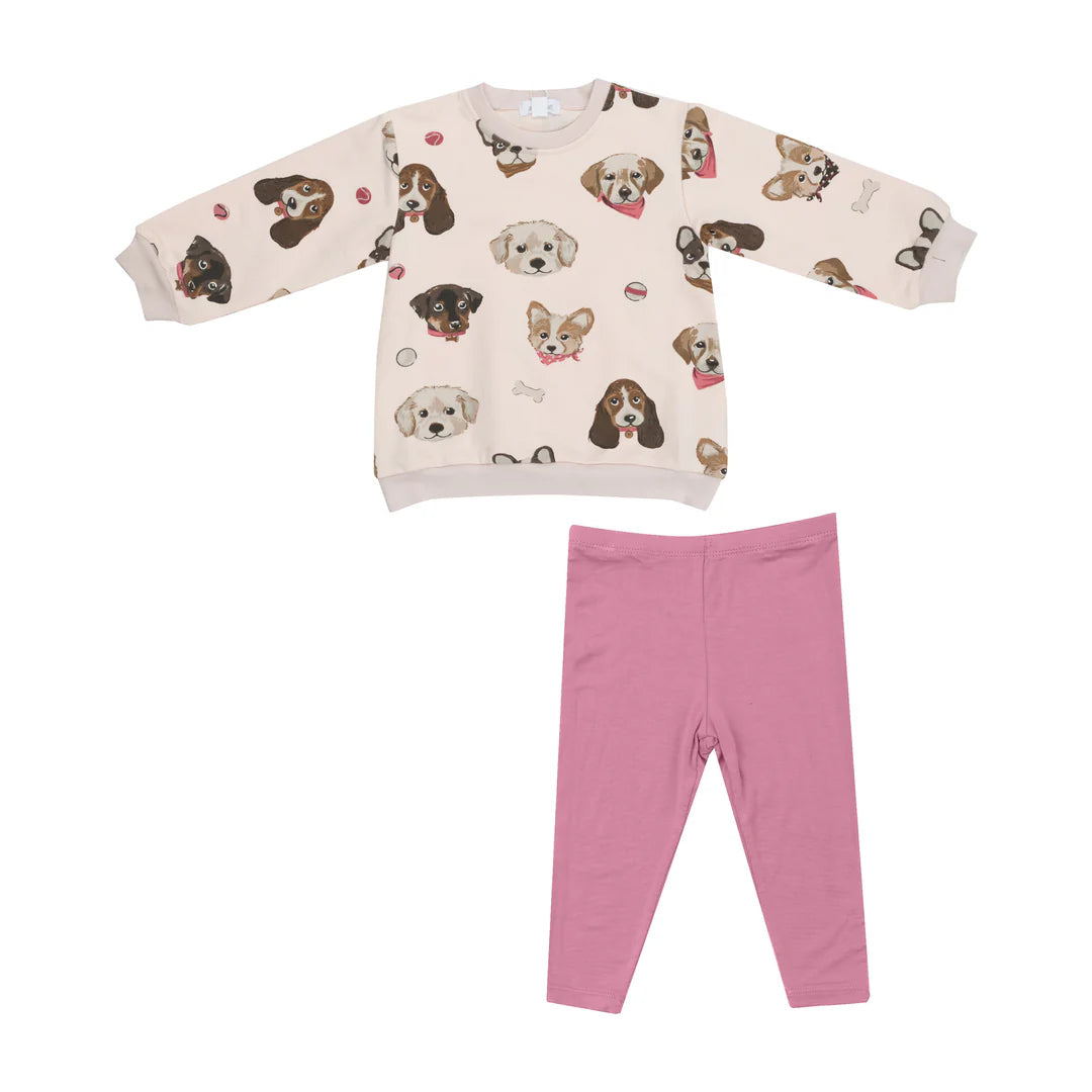 French Terry Pretty Puppy Faces Puffy Long Sleeve Oversized Sweatshirt & Legging Set