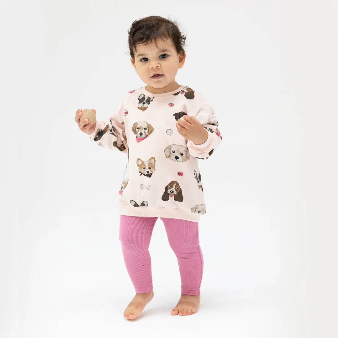 French Terry Pretty Puppy Faces Puffy Long Sleeve Oversized Sweatshirt & Legging Set