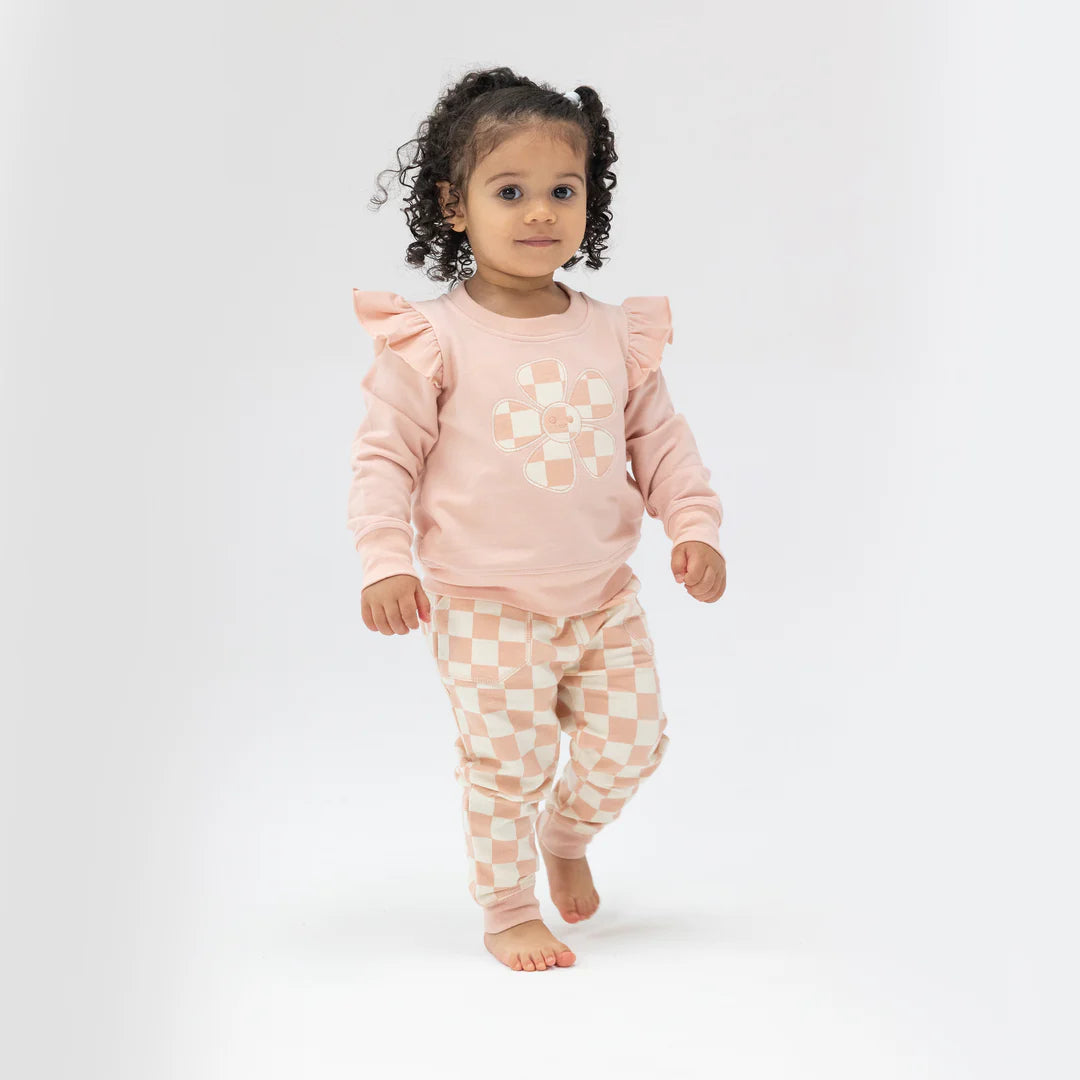 French Terry Checkerboard Pink Ruffle Patch Sweatshirt & Jogger Set