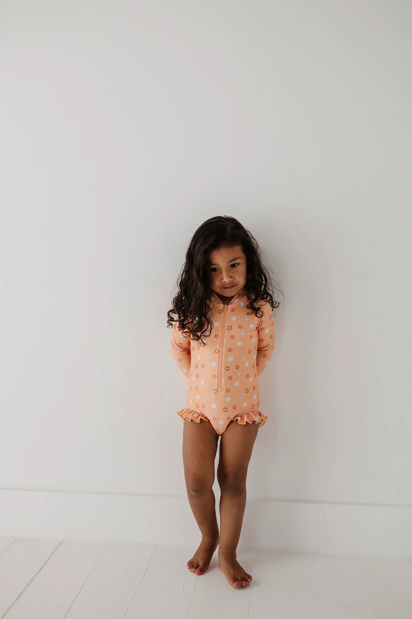 One Piece Ruffle Rash Guard Swimsuit Desert Mist Blooms