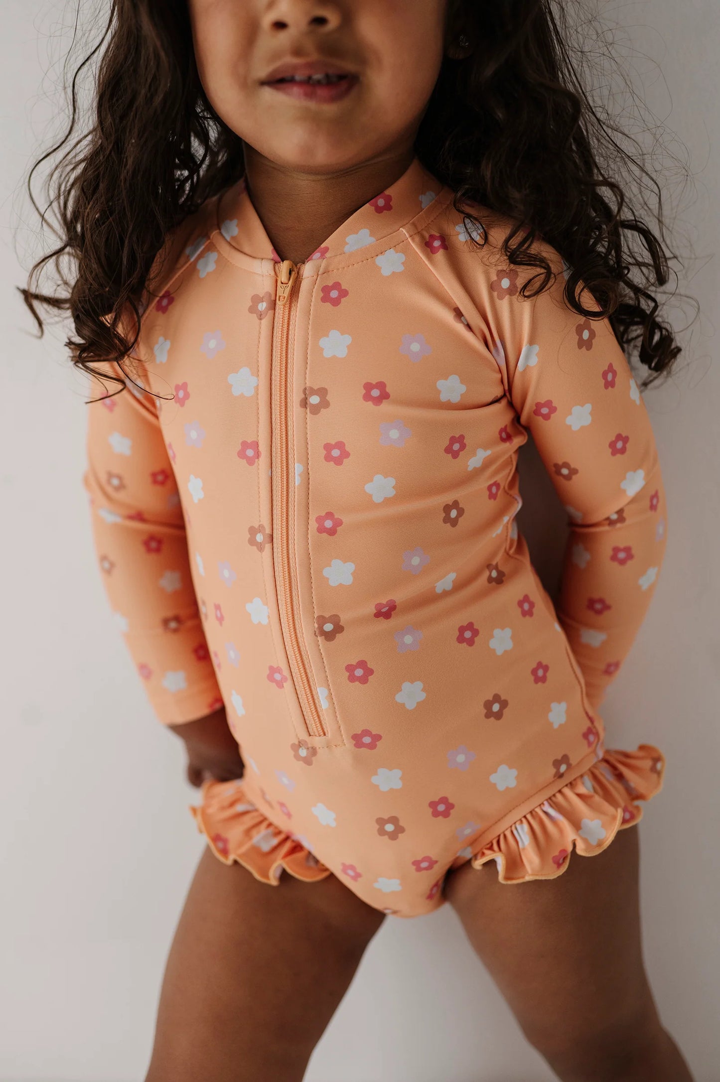 One Piece Ruffle Rash Guard Swimsuit Desert Mist Blooms
