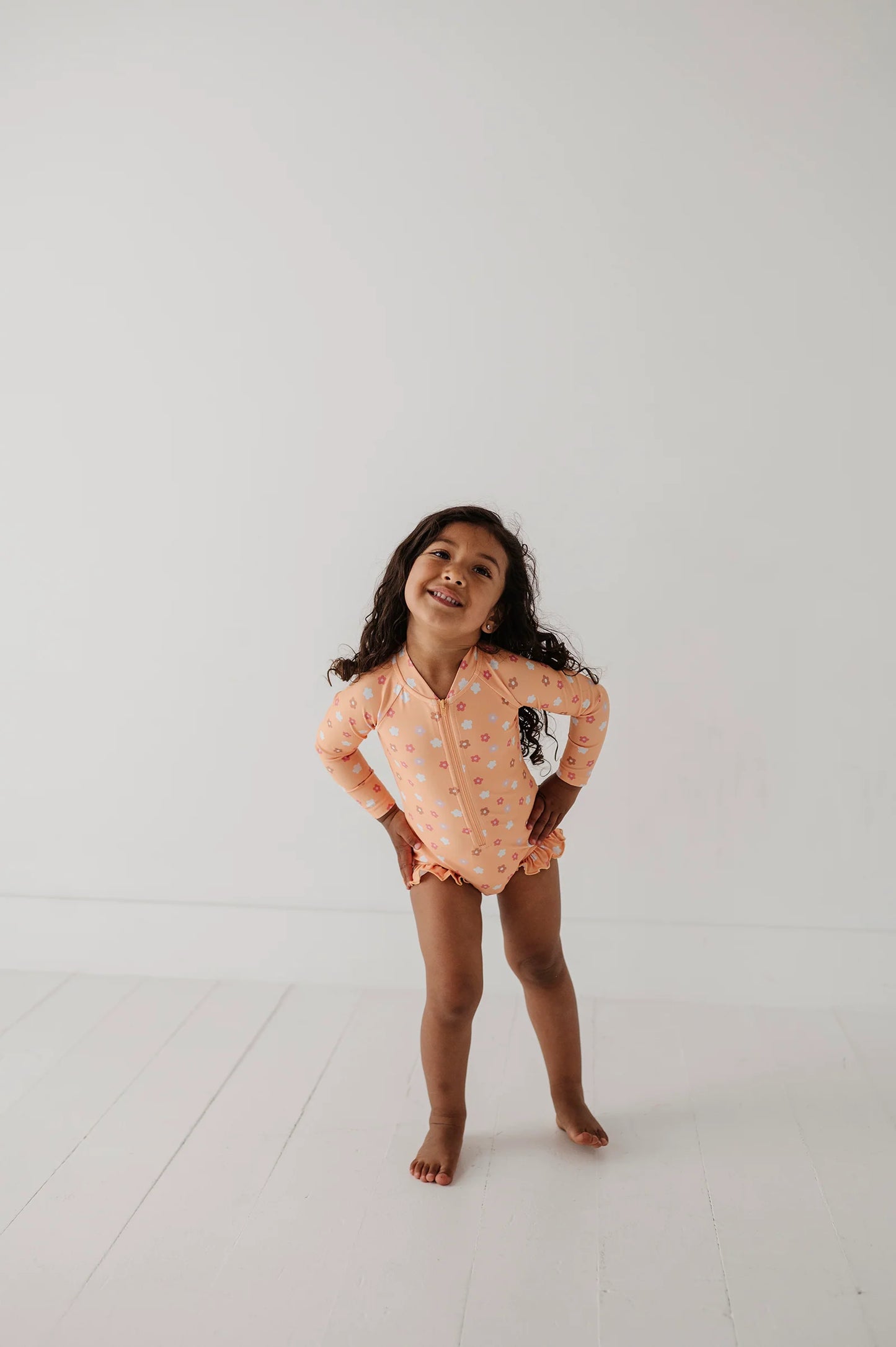 One Piece Ruffle Rash Guard Swimsuit Desert Mist Blooms