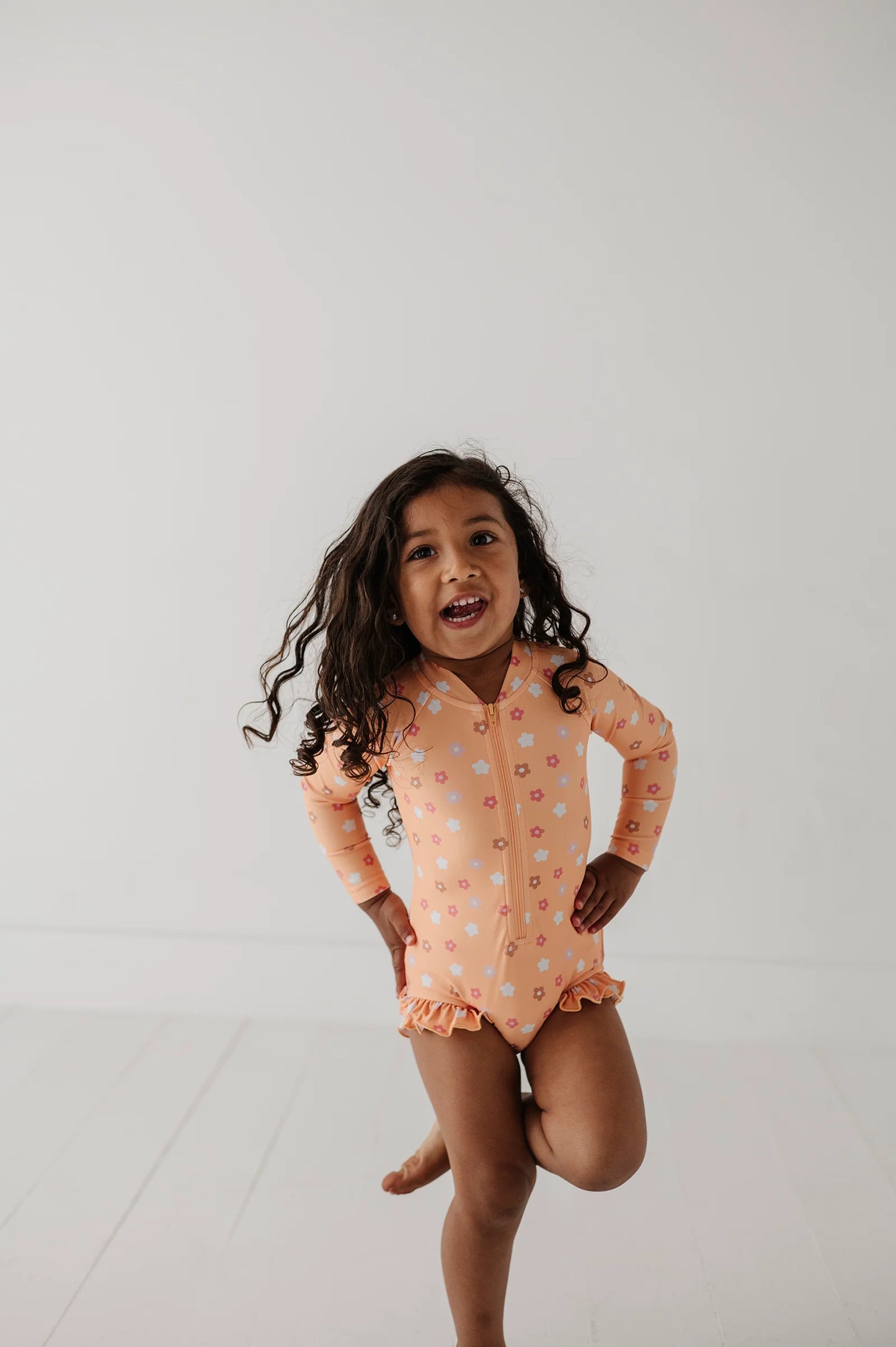 One Piece Ruffle Rash Guard Swimsuit Desert Mist Blooms