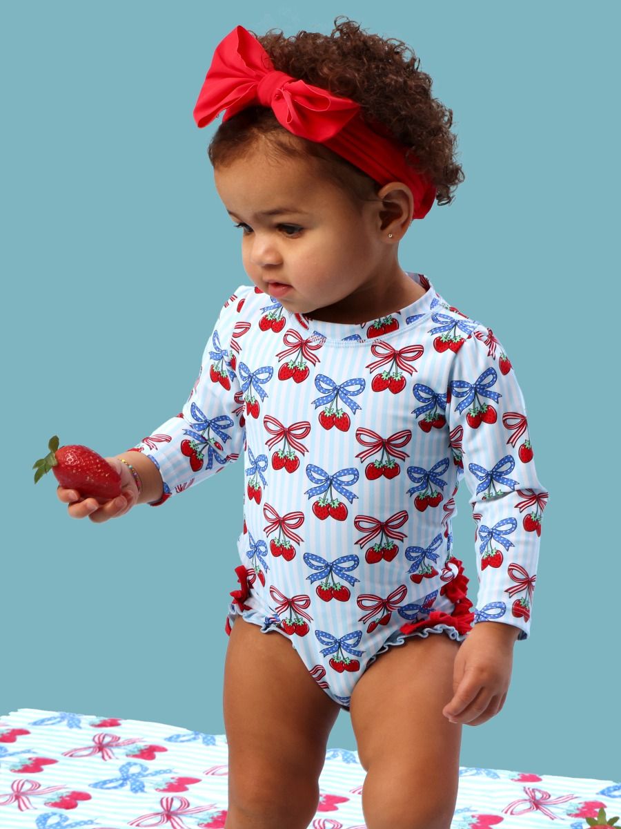 Berries & Bows Long Sleeve One Piece Rash Guard Swimsuit