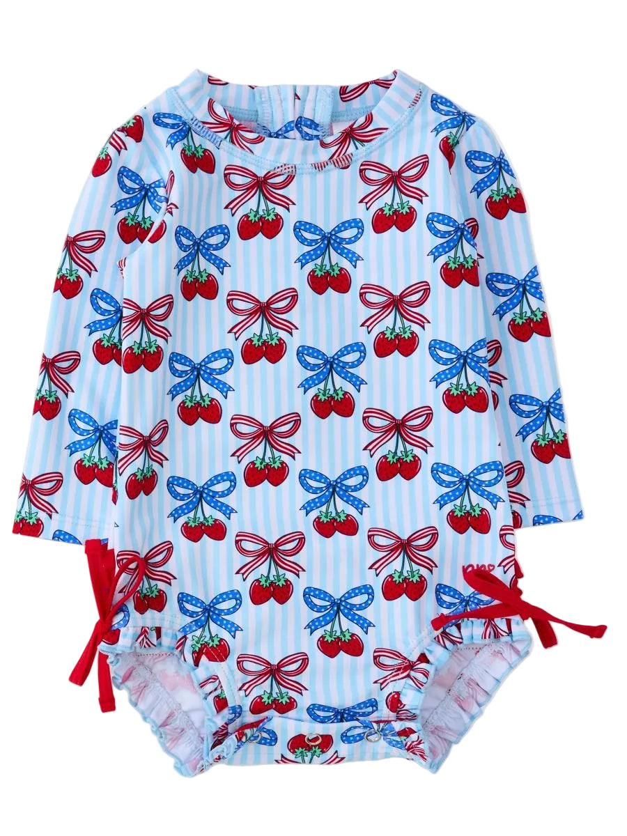 Berries & Bows Long Sleeve One Piece Rash Guard Swimsuit