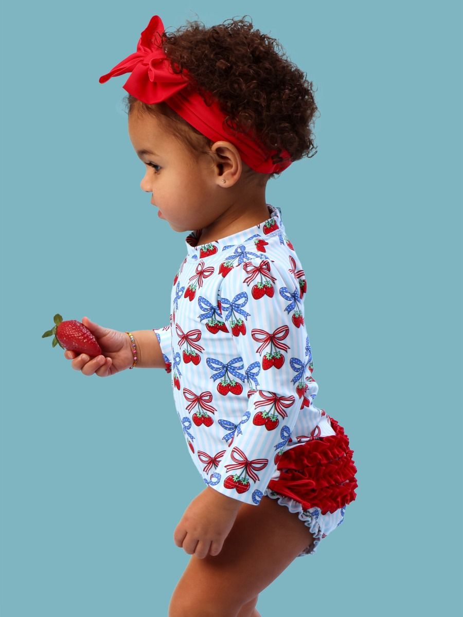 Berries & Bows Long Sleeve One Piece Rash Guard Swimsuit