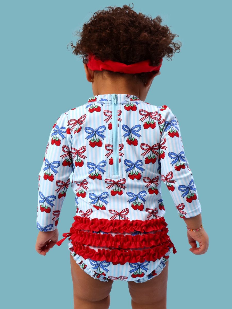 Berries & Bows Long Sleeve One Piece Rash Guard Swimsuit