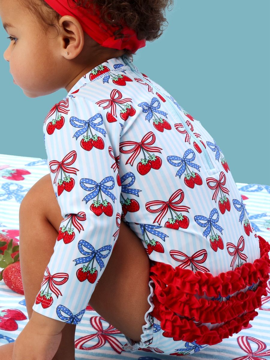 Berries & Bows Long Sleeve One Piece Rash Guard Swimsuit