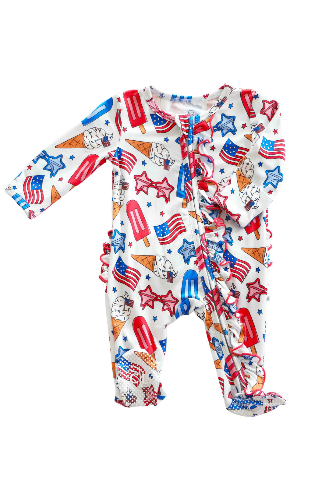 Ruffle Zipper Footie | Red, White & Cool