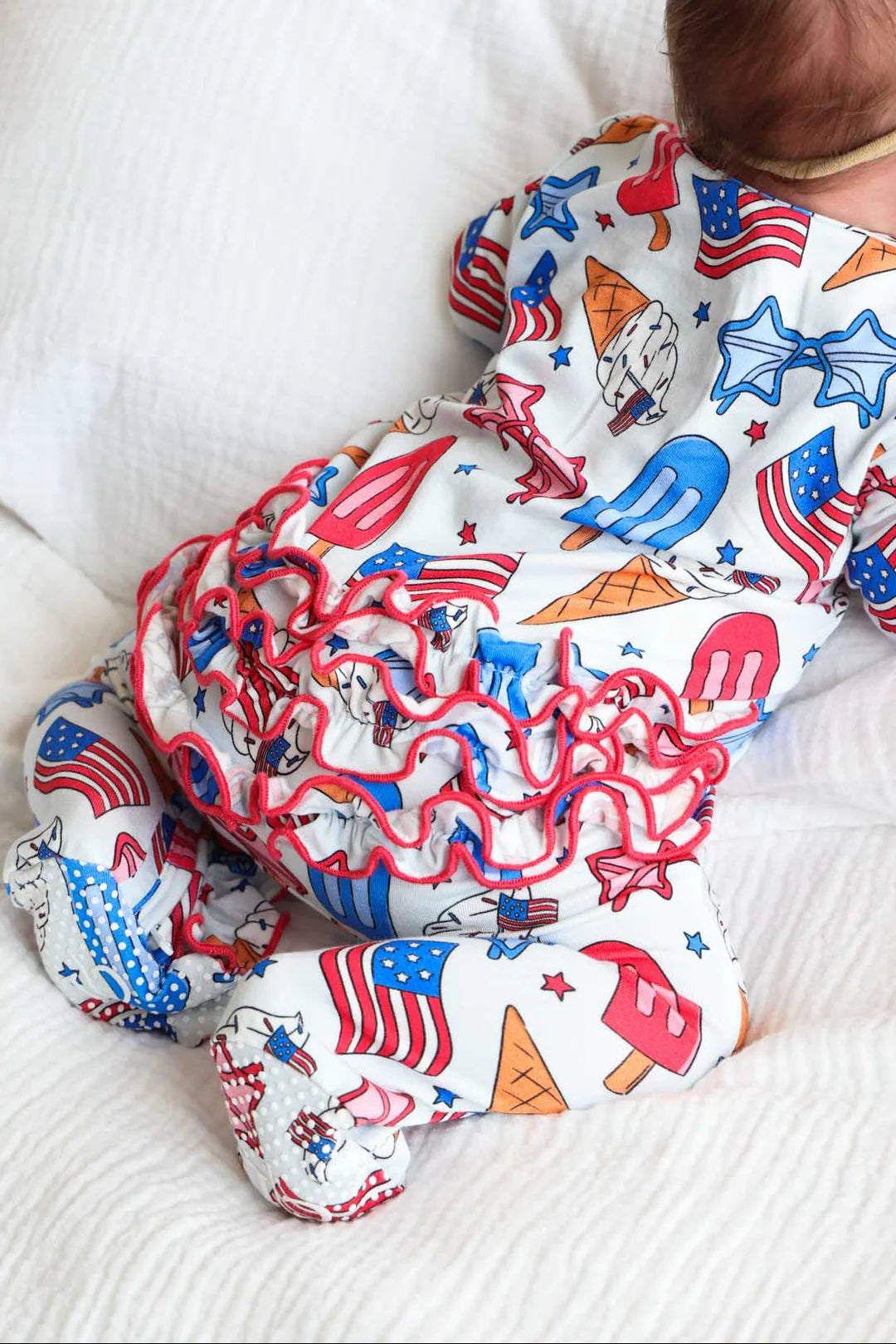 Ruffle Zipper Footie | Red, White & Cool