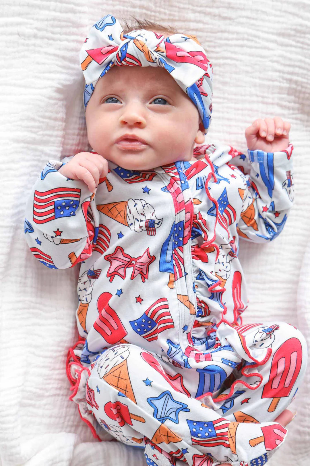 Ruffle Zipper Footie | Red, White & Cool