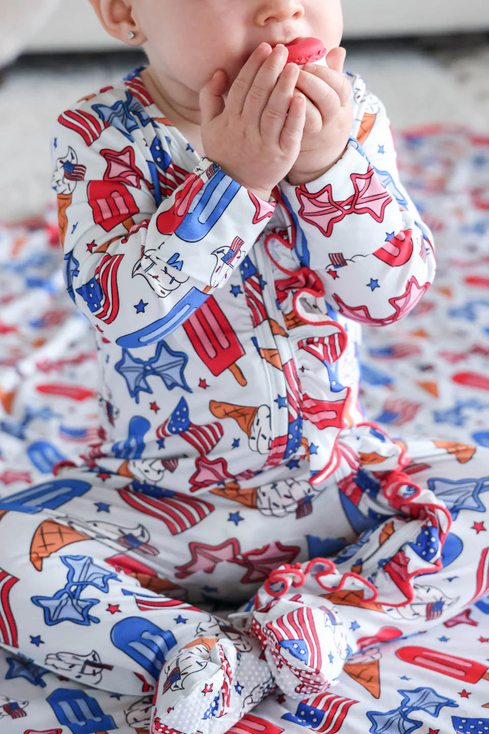 Ruffle Zipper Footie | Red, White & Cool