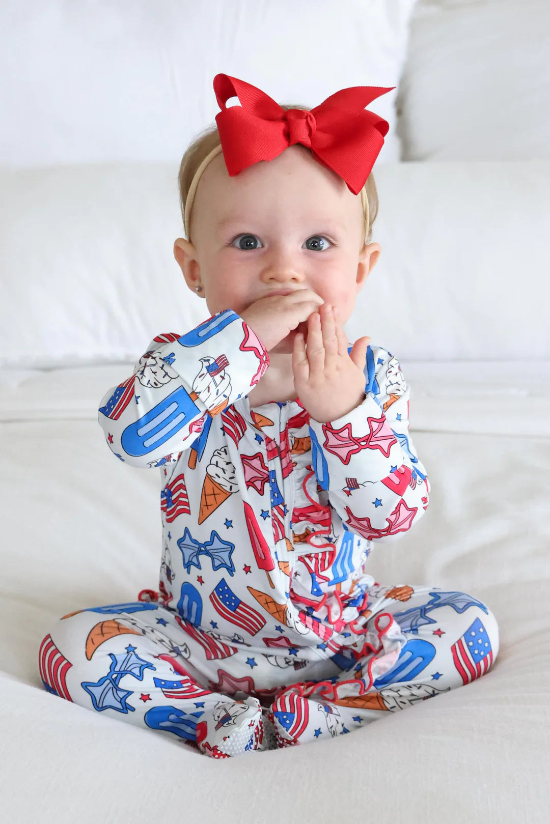 Ruffle Zipper Footie | Red, White & Cool