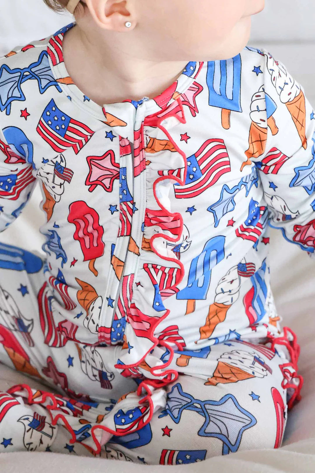 Ruffle Zipper Footie | Red, White & Cool