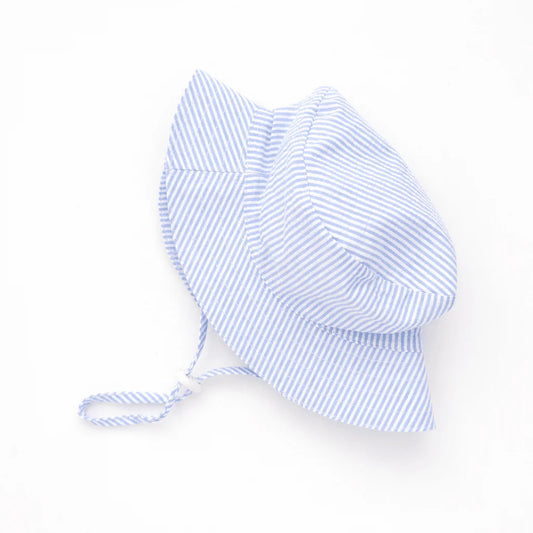 Blue Seersucker Bucket Hat Upf 50+ with Adjustable Breakaway Strap