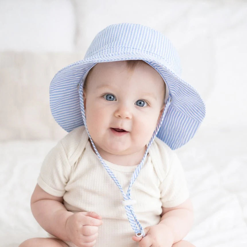 Blue Seersucker Bucket Hat Upf 50+ with Adjustable Breakaway Strap