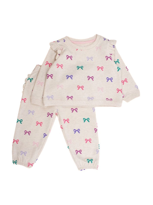 Heather Oatmeal Ribbons Flutter Sweatshirt Jogger Set