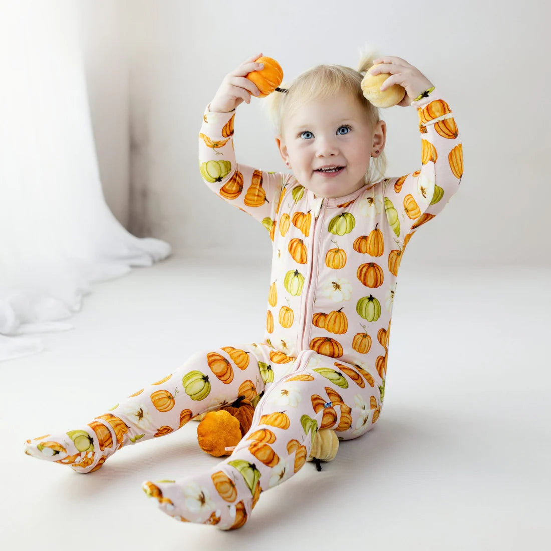 Ruffle Footie with 2 Way Zipper in Baby Rose Pumpkin Patch