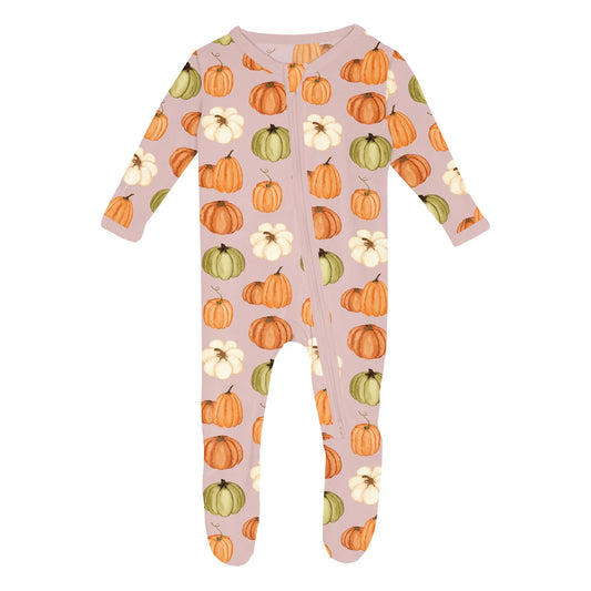 Ruffle Footie with 2 Way Zipper in Baby Rose Pumpkin Patch