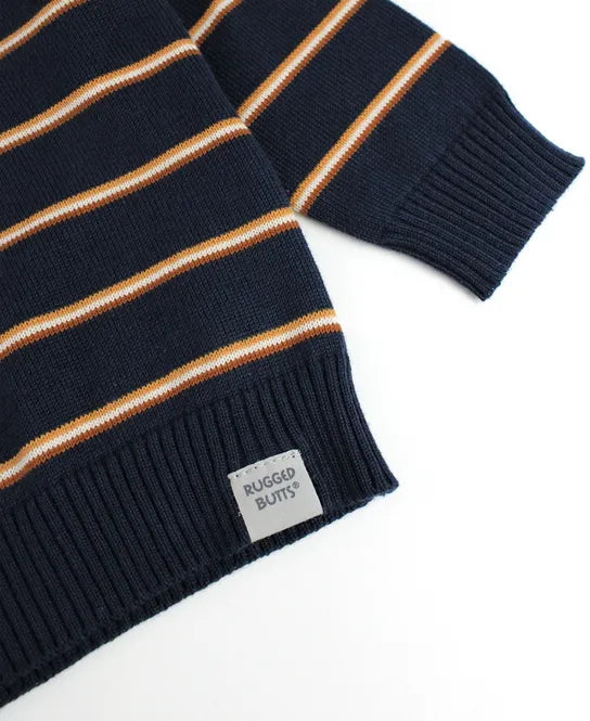 Navy & Caramel Stripe Knit Crew Neck Sweater