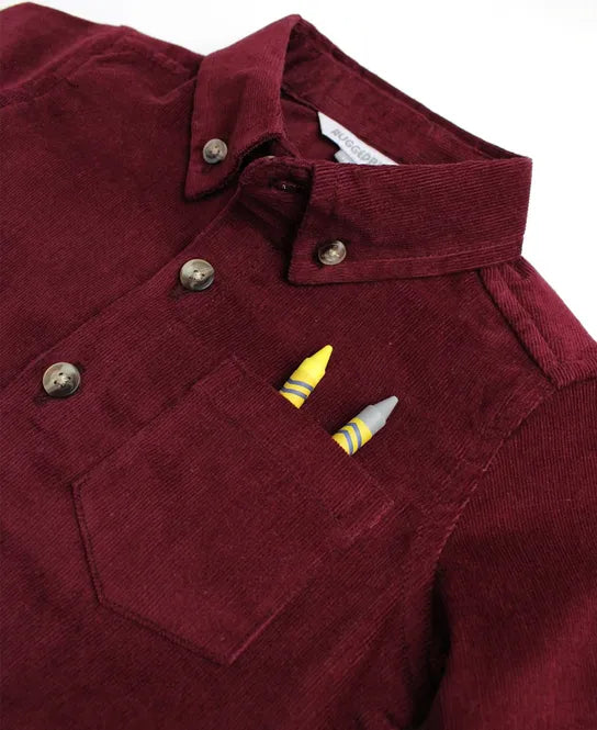 Burgundy Stretch Corduroy Long Sleeve Button Down Shirt