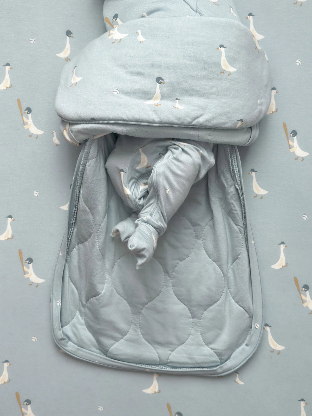 Gunamuna Bamboo Swaddle Sleep Bag 1.0 Tog Baseball Goose