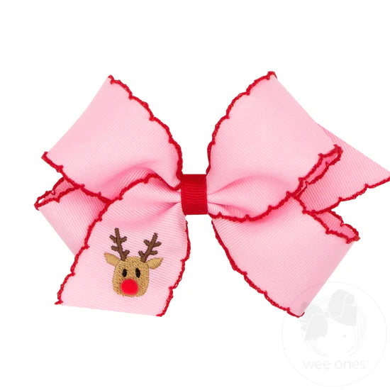 Medium Grosgrain Hair Bow with Moonstitch Edge and Christmas-themed Embroidery