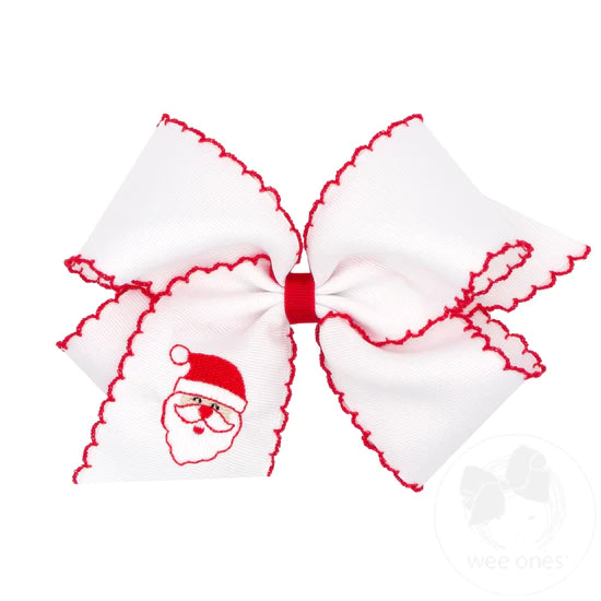 Large Grosgrain Hair Bow with Moonstitch Edge and Christmas-themed Embroidery