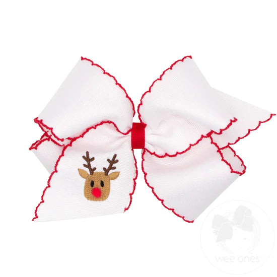 Large Grosgrain Hair Bow with Moonstitch Edge and Christmas-themed Embroidery